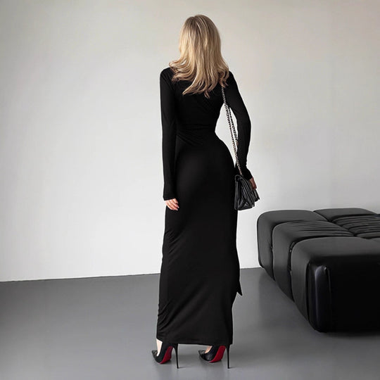 Damen Elegantes Maxikleid mit tiefem V-Ausschnitt und seitlichem Schlitz EB