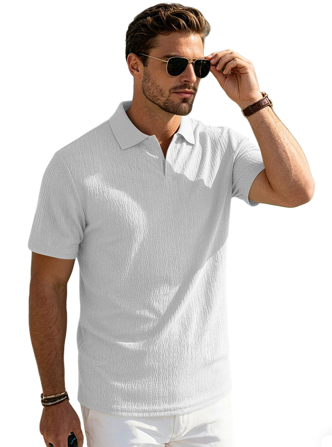 Herren nan elegantes Kurzarm-Polo aus strukturierter Micro-Jacquard-Baumwollmischung mit formstabilem Hemdkragen EB