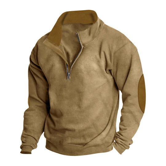 Herren nan Komfort-Pullover mit kurzem Reißverschluss, Stehkragen, verstärkten Ellenbogenbesätzen und angerautem Innenfutter EB