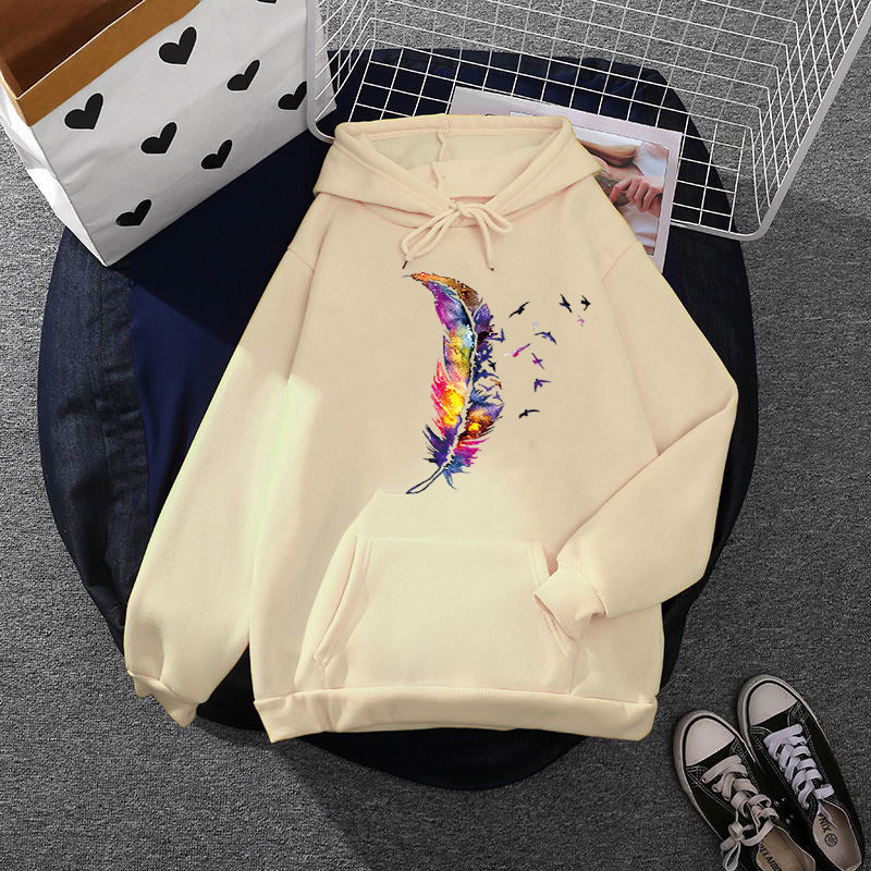 Damen nan Kapuzenpullover mit künstlerischem Aquarell‑Federmotiv, Oversize‑Schnitt und Kängurutasche EB