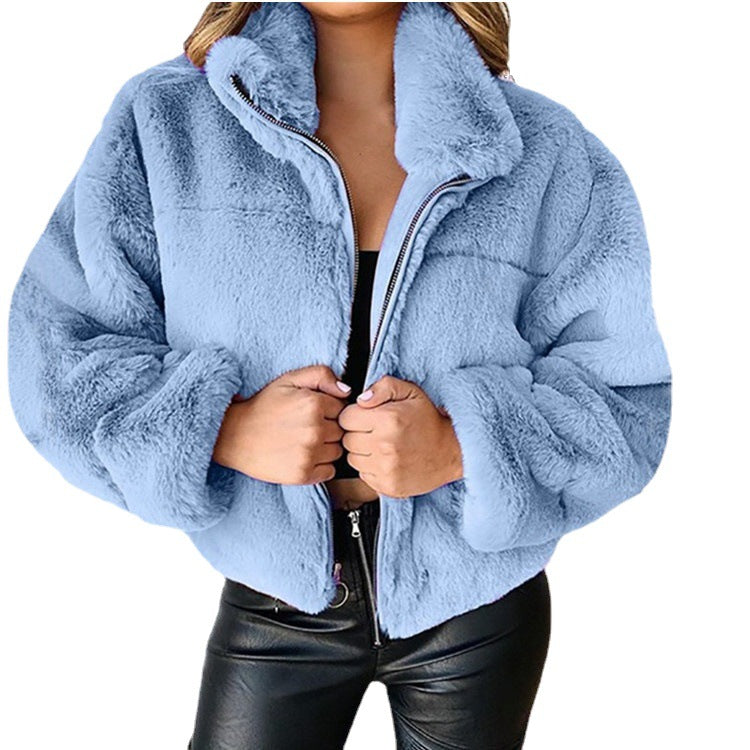 Damen nan kurze kuschelige Kunstpelzjacke mit Stehkragen und Reißverschluss EB