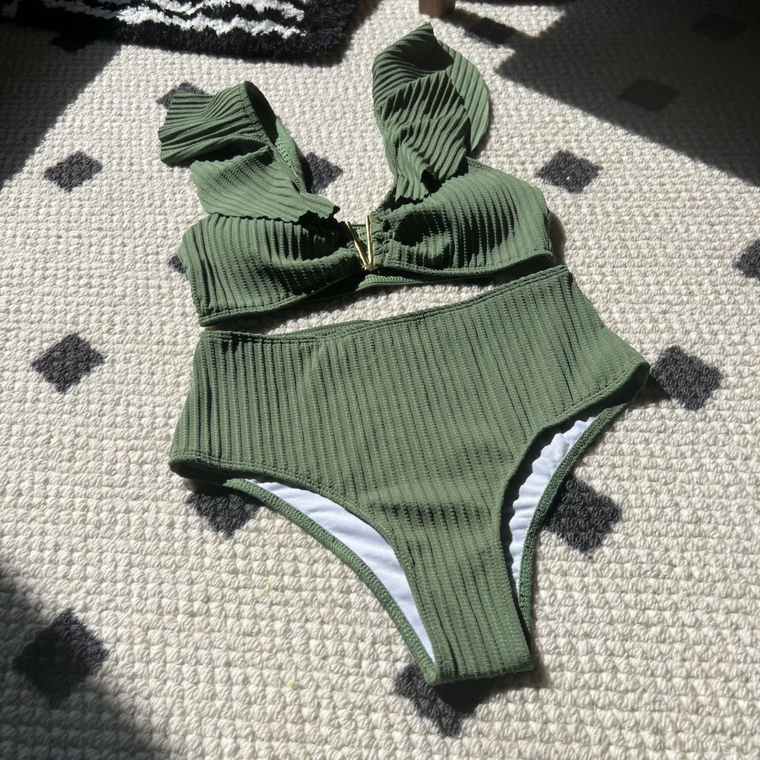 Damen Zweiteiler Bikini mit Rüschendesign und hohem Bund EB