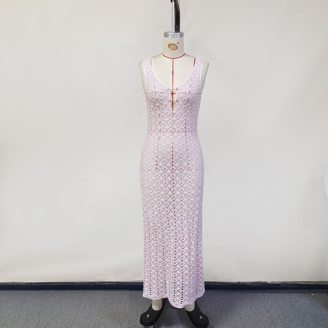 Damen Elegantes Netzkleid mit tiefem V-Ausschnitt und Knopfdetails EB