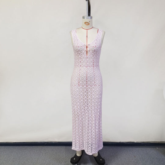 Damen Elegantes Netzkleid mit tiefem V-Ausschnitt und Knopfdetails EB