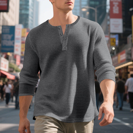 Herren nan Waffelstruktur-Henley-Langarmshirt mit Rundhalsausschnitt, mehrfacher Knopfleiste und entspannter Passform EB