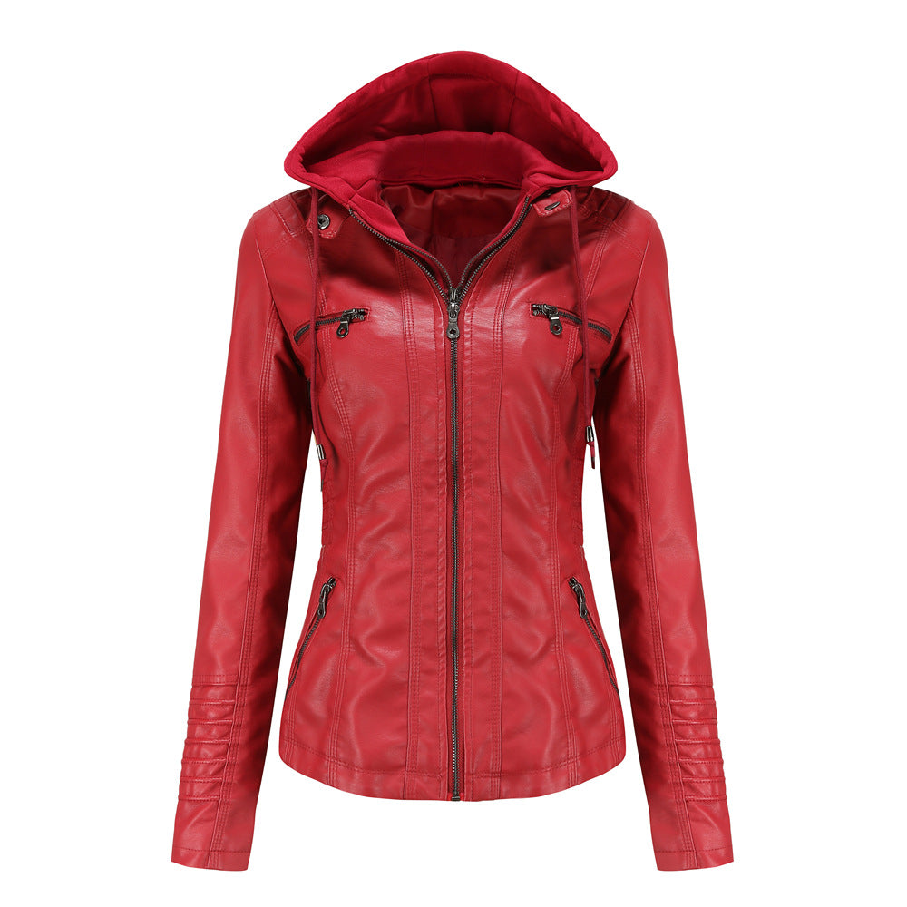 Damen nan taillierte Kunstlederjacke mit Kapuze, gesteppter Armblende und verdeckten Reißverschlusstaschen EB
