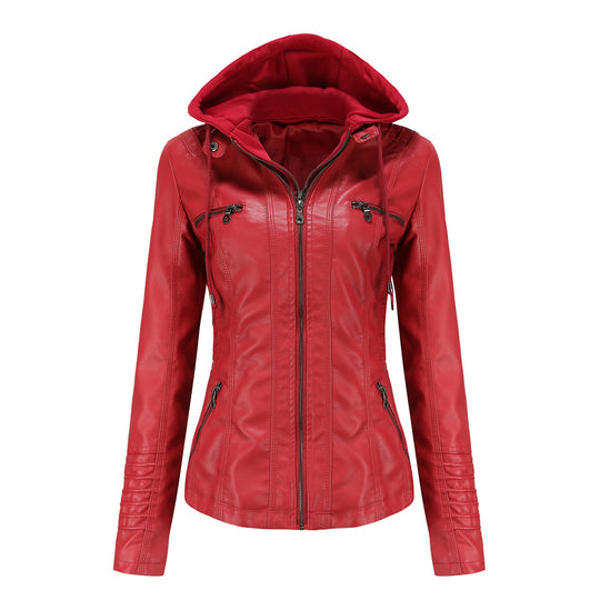 Damen nan taillierte Kunstlederjacke mit Kapuze, gesteppter Armblende und verdeckten Reißverschlusstaschen EB