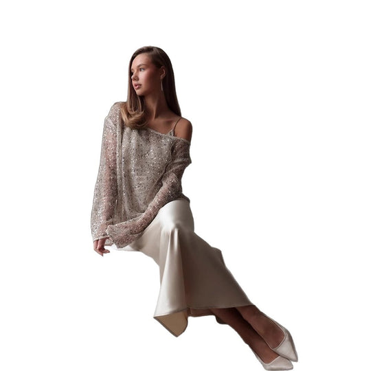 Damen Glitzernde Netzbluse mit asymmetrischem Halsausschnitt und langen Ärmeln EB