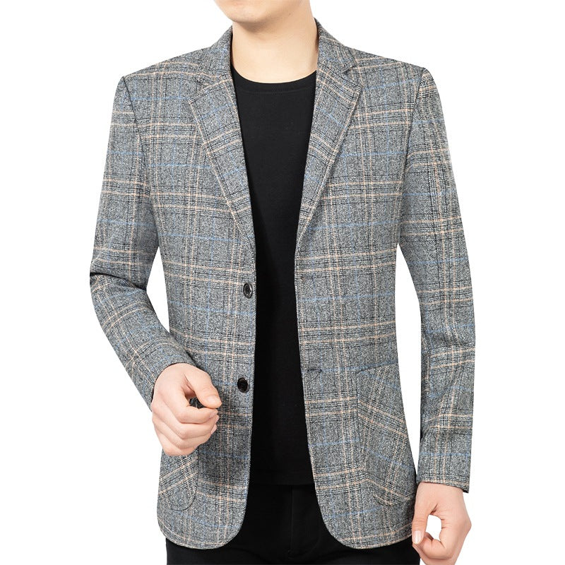 Herren Kariertes Slim-Fit Sakko mit strukturiertem Wollmix und aufgesetzten Taschen EB