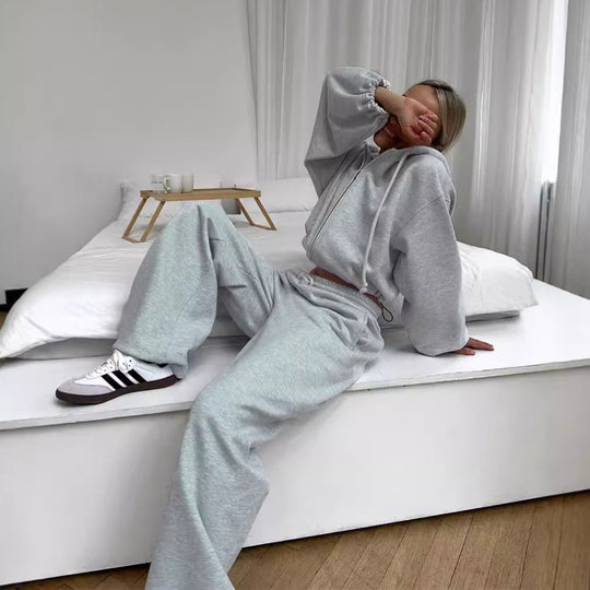 Damen kurzes Zip-Hoodie-Set mit taillenhoher Wide-Leg Jogginghose aus French-Terry EB