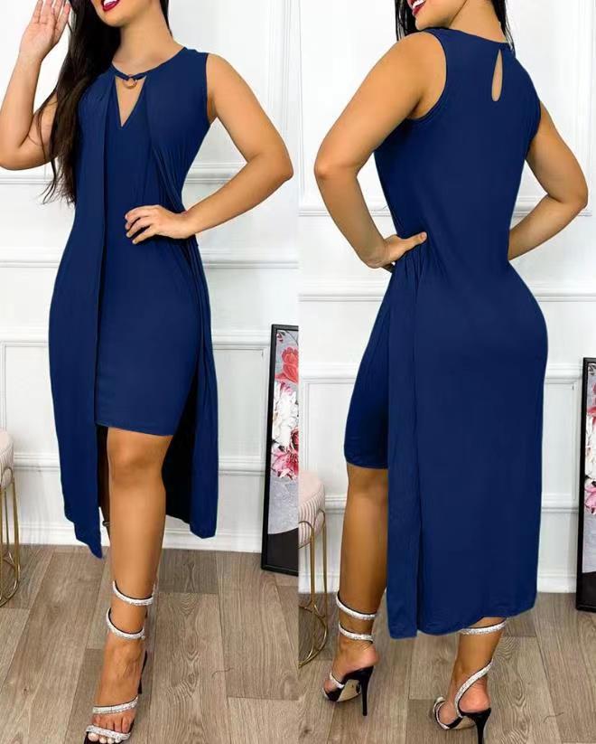 Damen Sommerliches Maxikleid mit elegante Raffung und Schlüssel-Ausschnitt EB