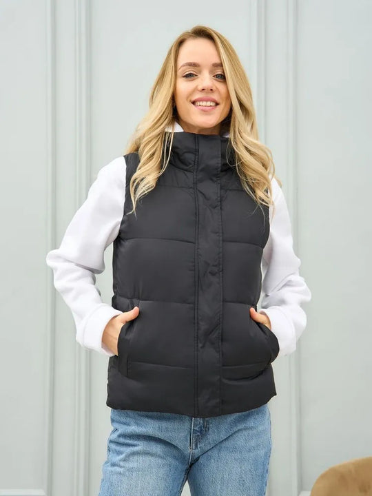 Damen elegante Steppweste mit hohem Kragen und praktischen Taschen EB