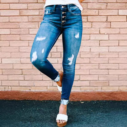 Damen High-Waist Skinny Jeans mit modischen Knopfdetails EB