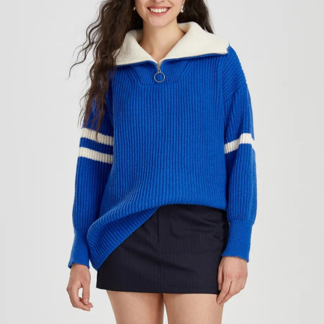 Damen lässiger Pullover im sportlichen Stil mit Stehkragen und Reißverschluss EB