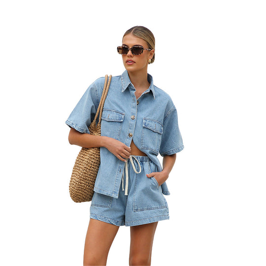 Damen lässige Kurzarm-Jeansbluse mit passender Shorts EB