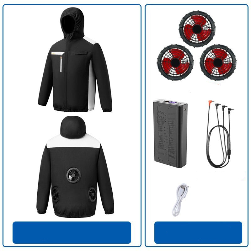 Herren nan belüftete Kühljacke mit mehreren integrierten USB-Lüftern, verstellbarer Kapuze und winddichtem Material EB