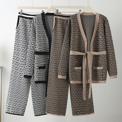 Damen lässiges Strick-Loungewear-Set mit geometrischem Muster EB