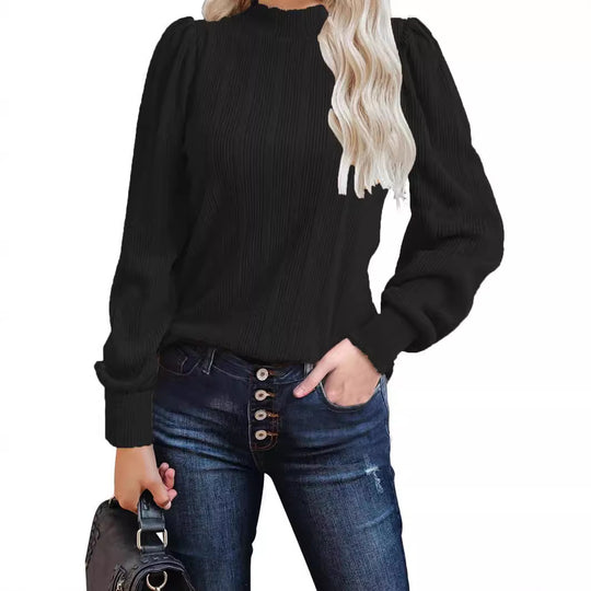 Damen trendiger Pullover mit schmalem Stehkragen und Puffärmeln EB