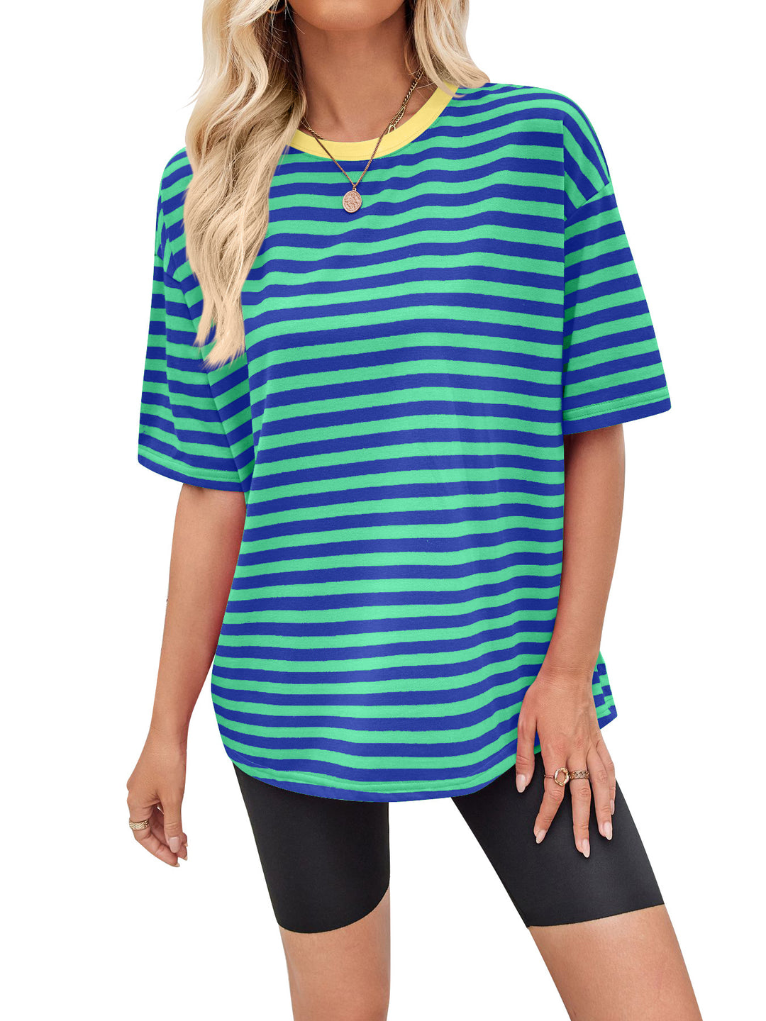Damen gestreiftes Oversize T-Shirt mit Rundhalsausschnitt und Kontrastdetails EB