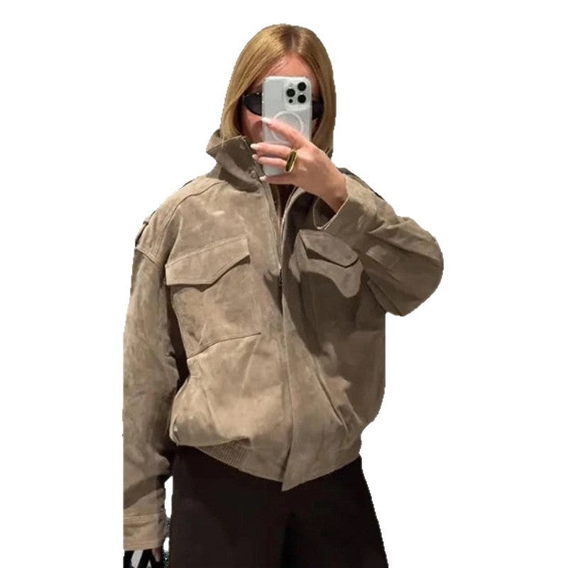 Damen Modische Oversized-Wildlederjacke mit praktischen Taschen und hohem Kragen EB