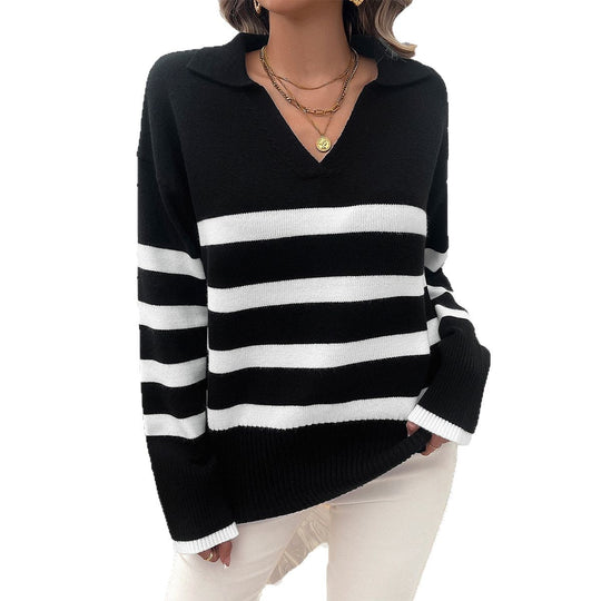 Damen nan lässiger V‑Ausschnitt Strickpullover mit Polokragen, gerippten Ärmelsäumen und markanten Blockstreifen EB