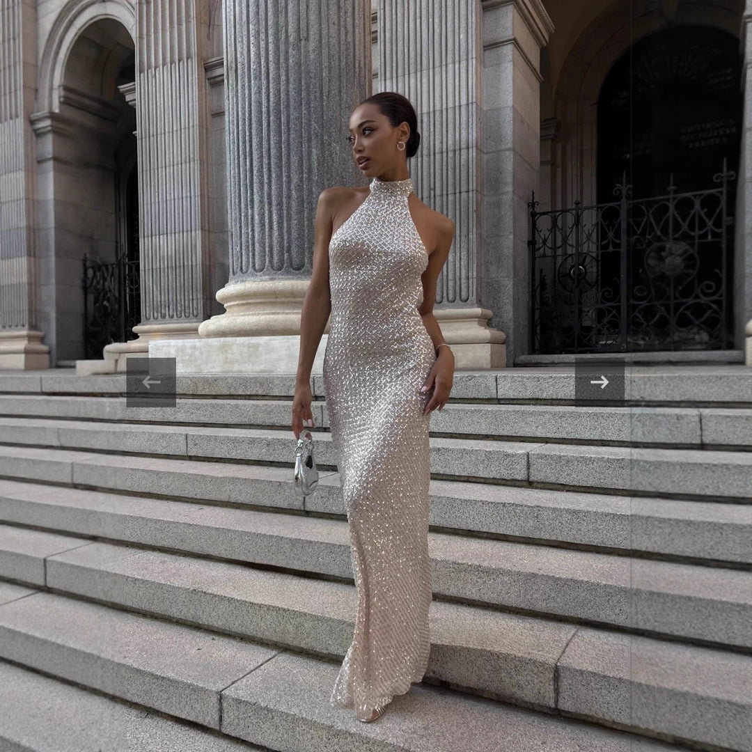 Damen glamouröses Langkleid mit funkelndem Paillettenbesatz EB