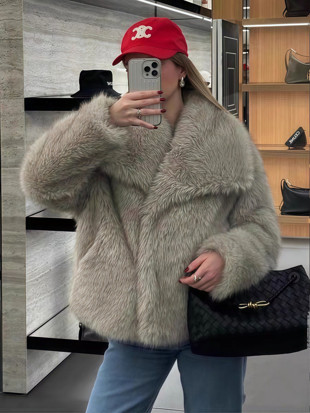 Damen Kunstpelzjacke mit luxuriösem Schnitt und weitem Kragen EB