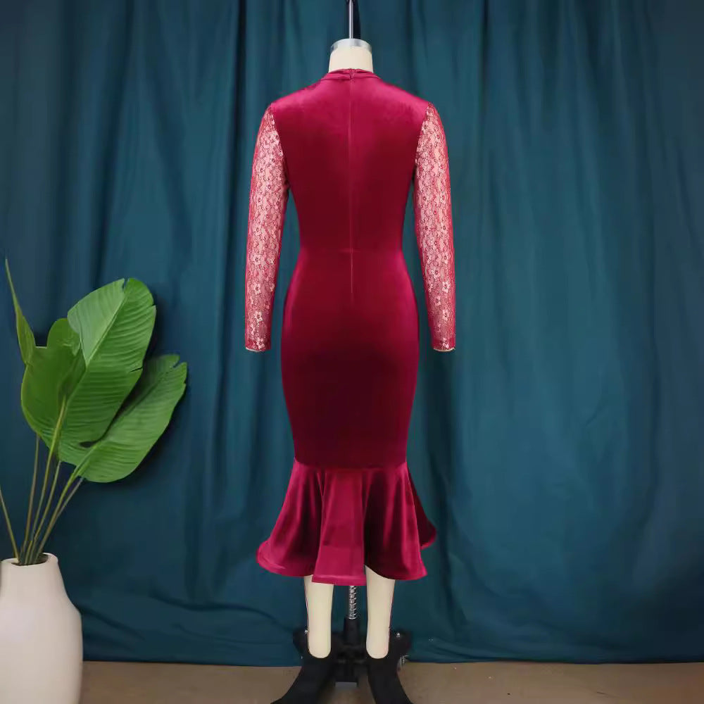 Damen Elegant Fit-and-Flare Kleid mit Spitzenärmeln EB