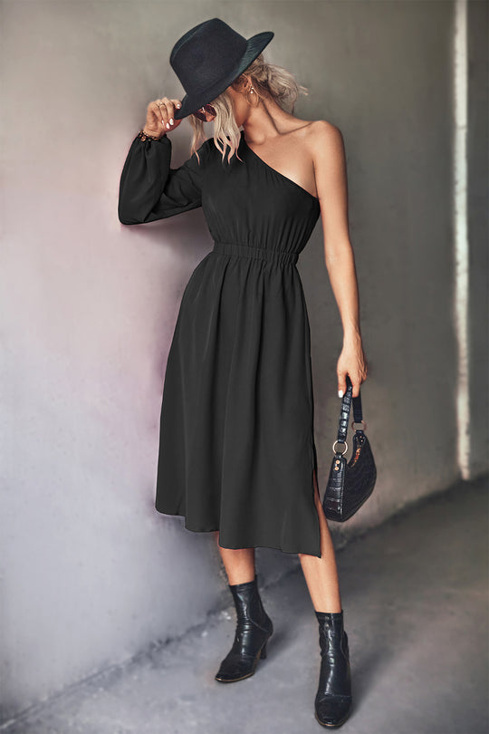 Damen Midikleid mit asymmetrischem One-Shoulder-Design und elastischem Taillengürtel EB