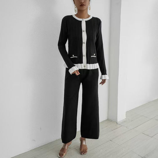 Damen elegantes Strick-Loungewear-Set mit dekorativen Details EB