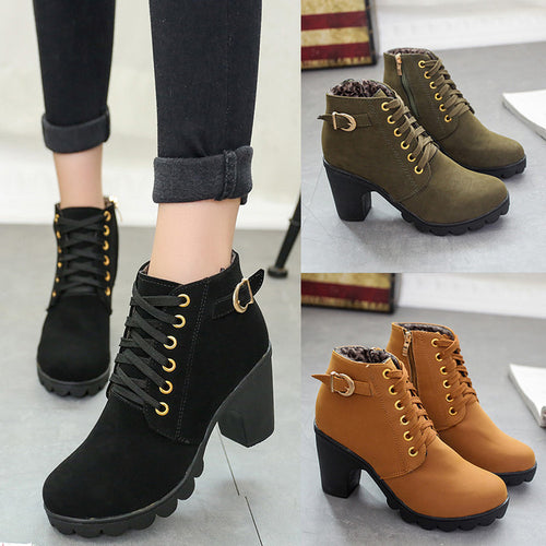 Damen nan elegante Schnür-Stiefelette mit mittlerem Blockabsatz, profilierter Gummilaufsohle und dekorativer Metallschnalle EB
