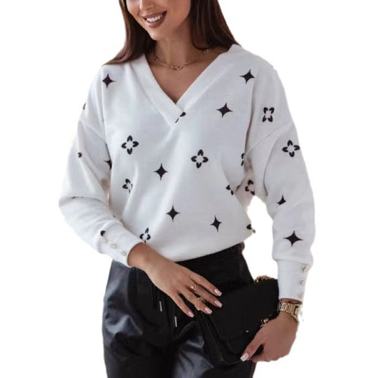 Damen lässiger Pullover mit V-Ausschnitt und stilvoller Musterung EB