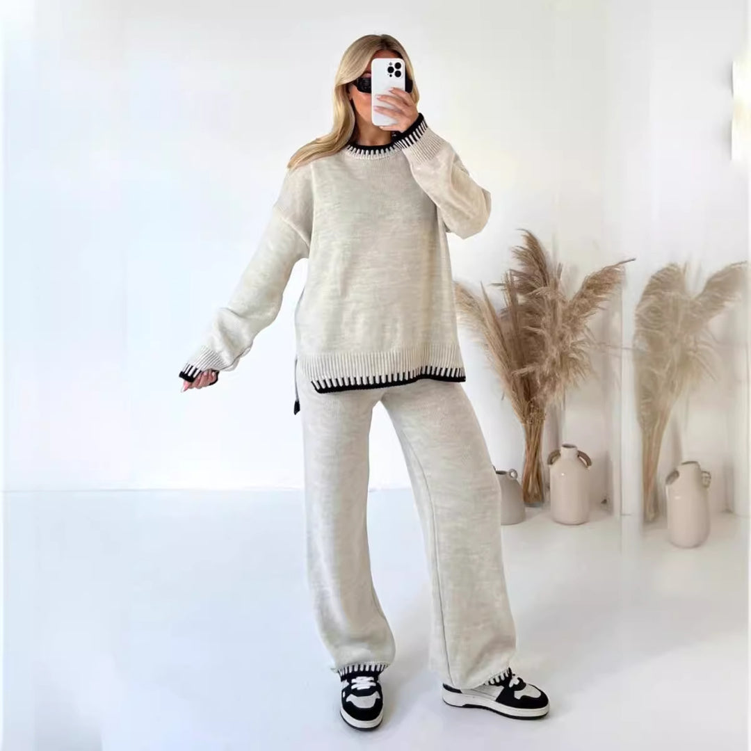Damen nan lässiger Strick-Hausanzug mit Oversize-Pullover und weiter Strickhose EB