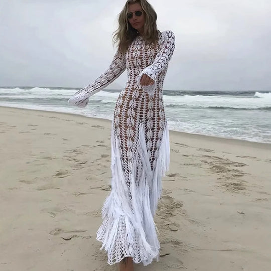 Damen Strick-Maxikleid mit eleganter Lochmusterung und längerem Schnitt EB