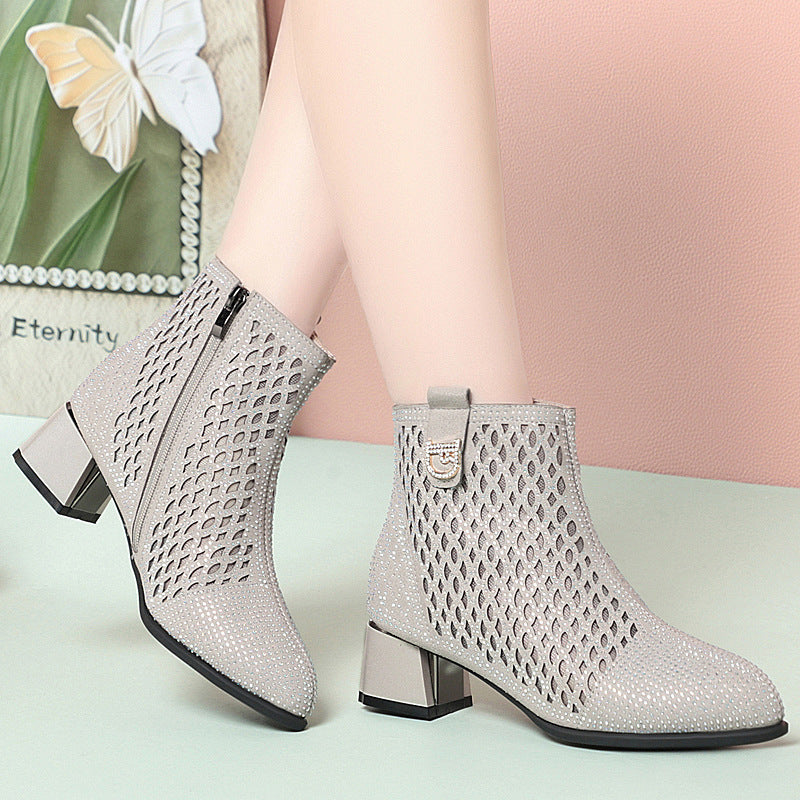 Damen Ankle Boots mit dekorativem Netzdesign und komfortablem Blockabsatz EB