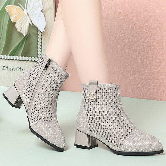 Damen Ankle Boots mit dekorativem Netzdesign und komfortablem Blockabsatz EB
