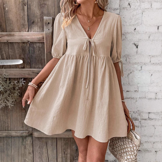 Damen luftiges Sommerkleid mit V-Ausschnitt und Raffungen EB