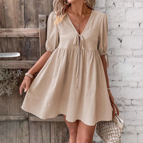 Damen luftiges Sommerkleid mit V-Ausschnitt und Raffungen EB
