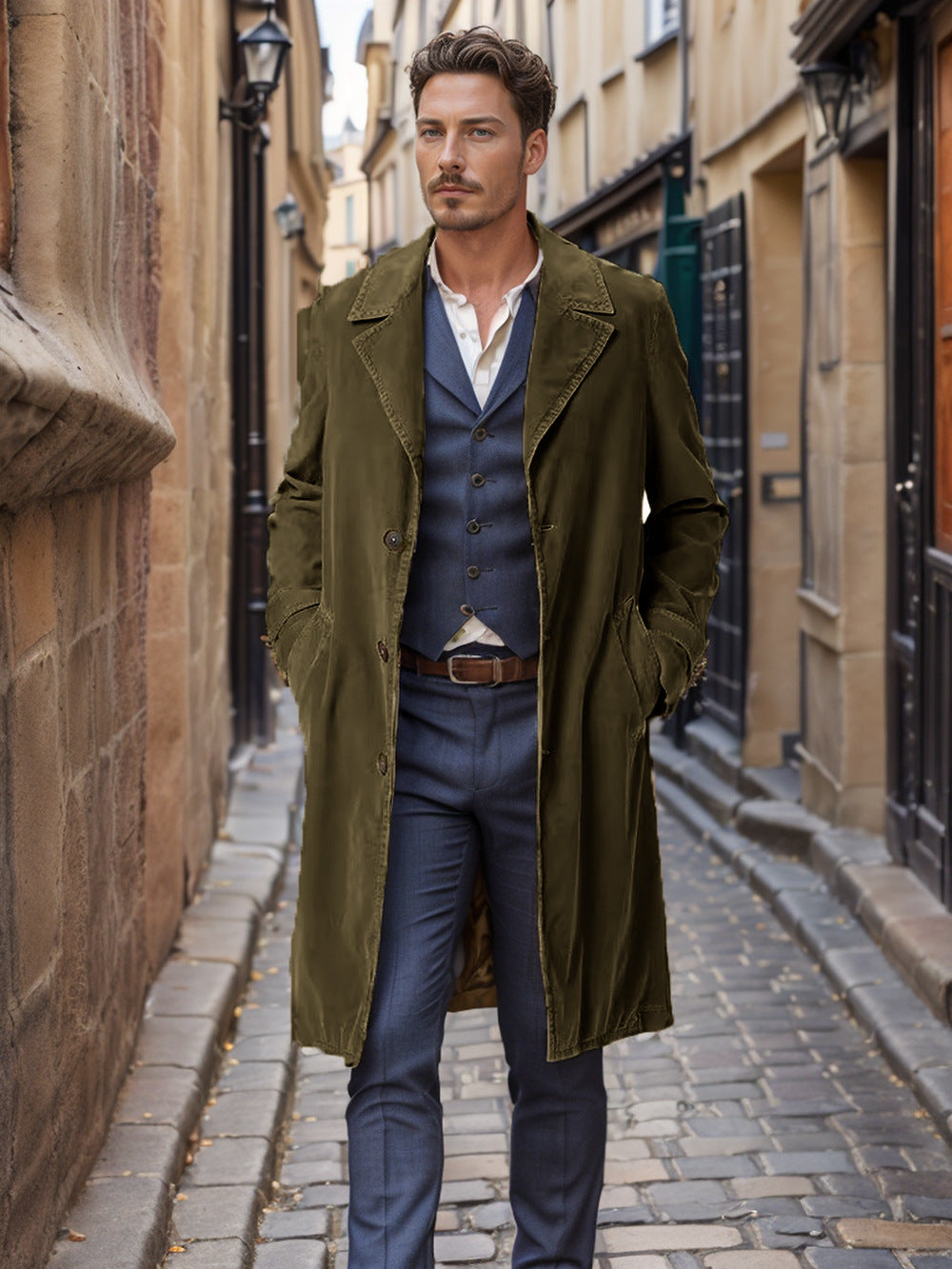 Herren eleganter Trenchcoat aus hochwertigem Gewebe mit praktischen Taschen EB