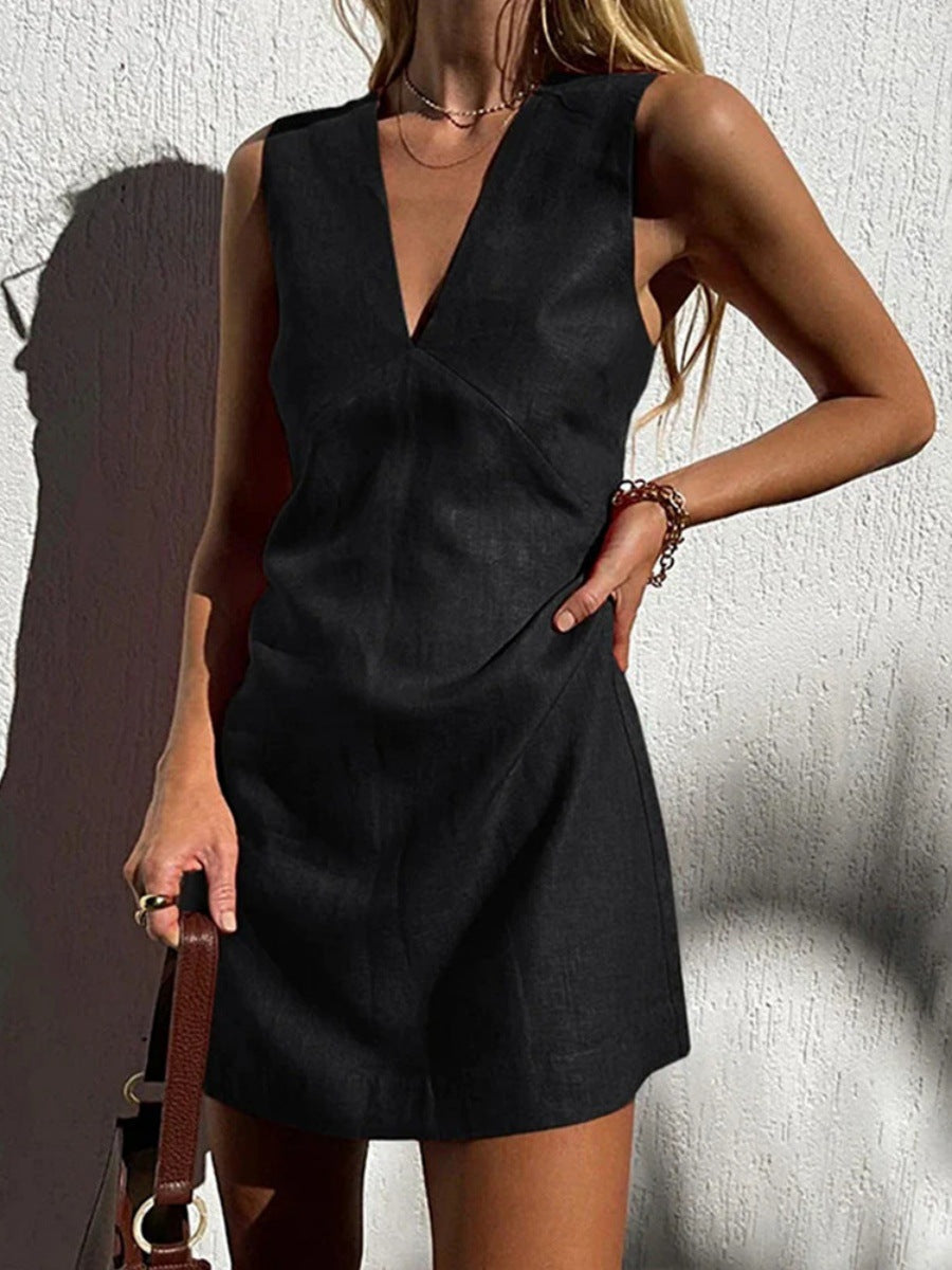 Damen leichtes Leinenkleid mit tiefem V-Ausschnitt und ärmellosem Design EB