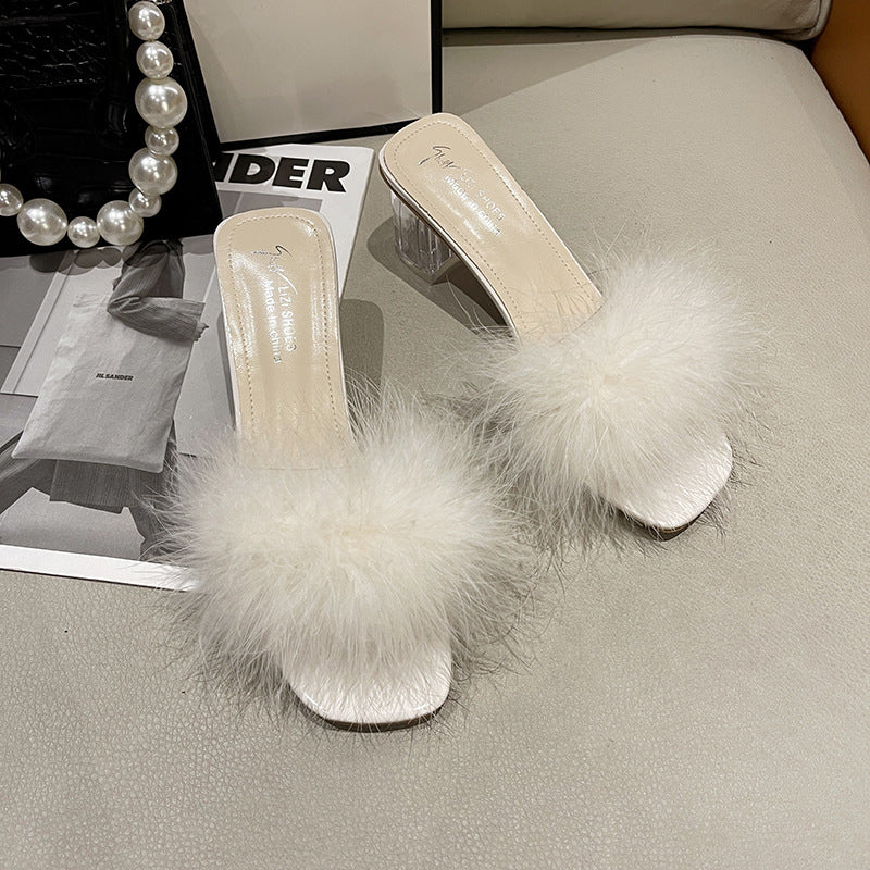 Damen Elegante Hausschuhe mit plüschigem Futter und transparentem Absatz EB