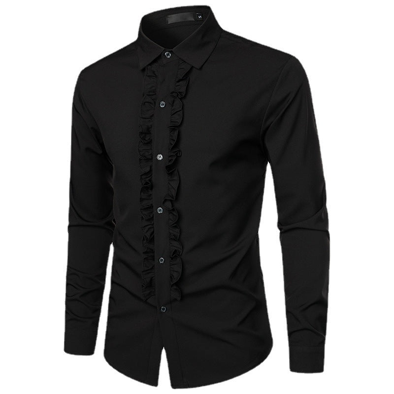 Herren Langarmhemd mit Rüschenverzierung und eleganten Knopfdetails EB
