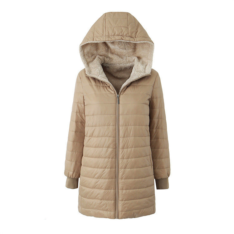 Damen Langer Steppmantel mit Teddyfutter und Kapuze EB