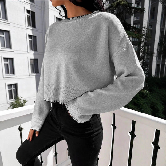 Damen lässiger Strickpullover mit kontrastierenden Nähten und cropped Schnitt EB