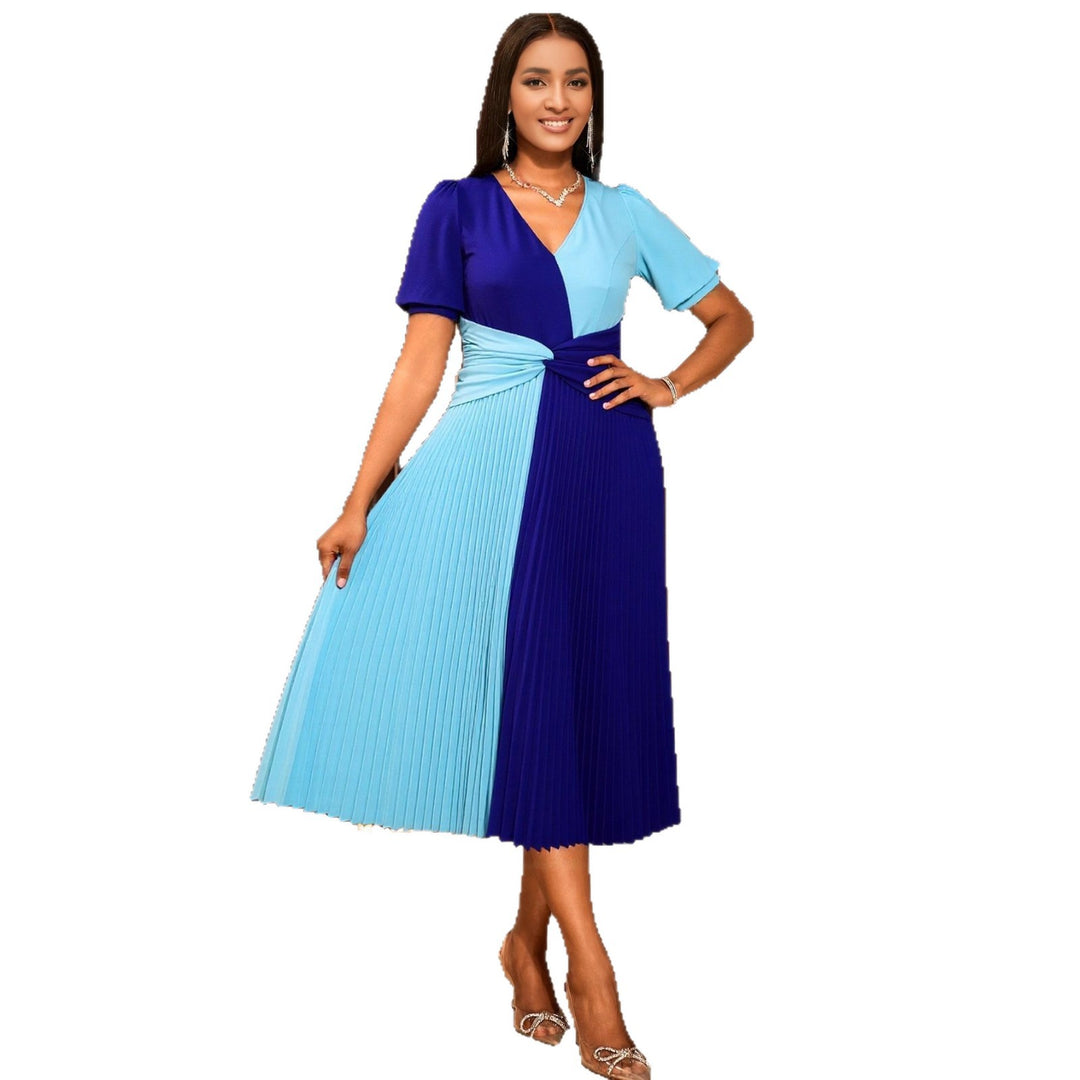 Damen plissiertes Midi-Kleid mit Farbblockdesign und Wickeloptik EB