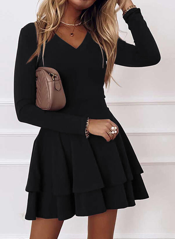 Damen V-Ausschnitt Kleid mit voluminösem Rock und langen Ärmeln EB