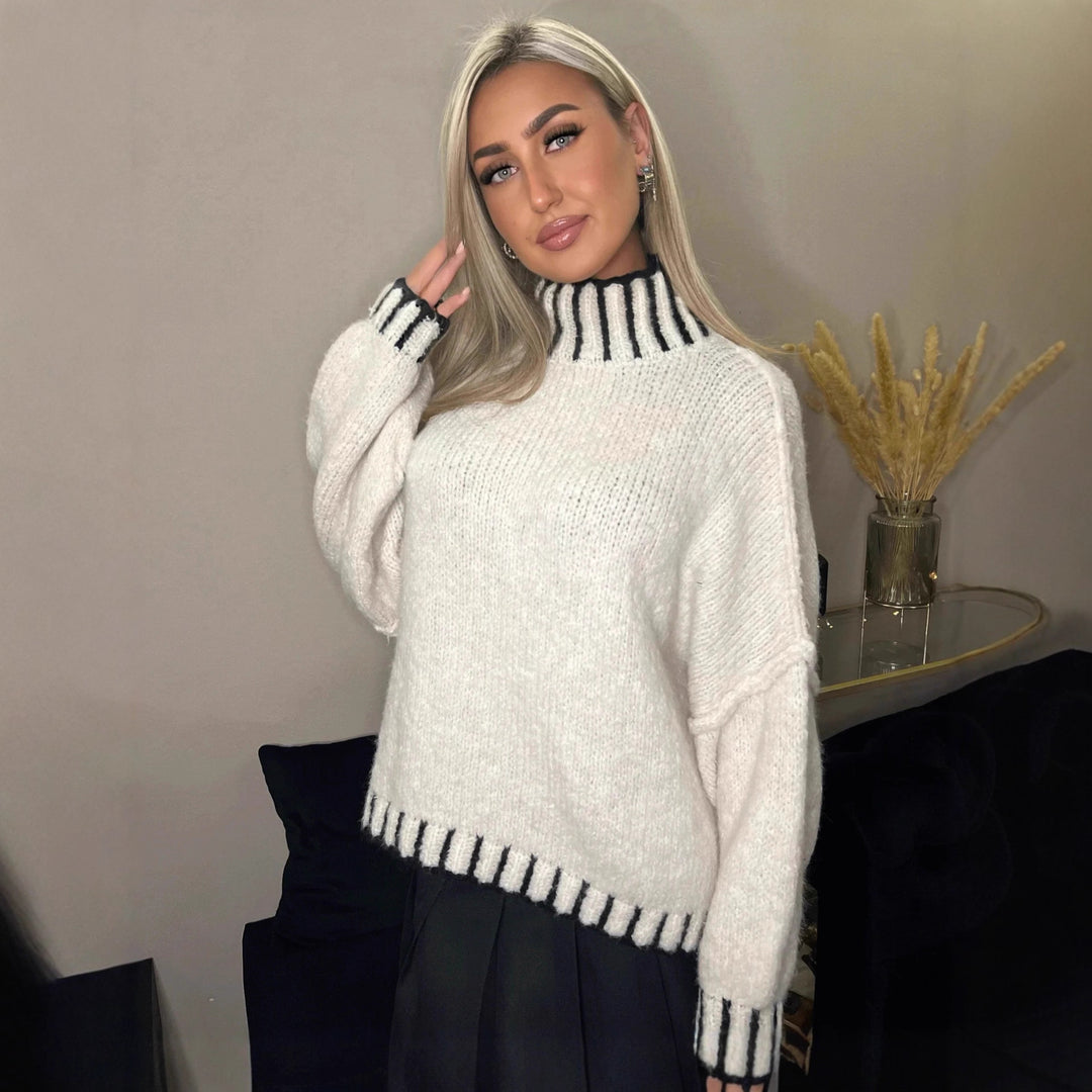 Damen lässiger Grobstrickpullover mit voluminösen Ärmeln und hohem Kragen EB