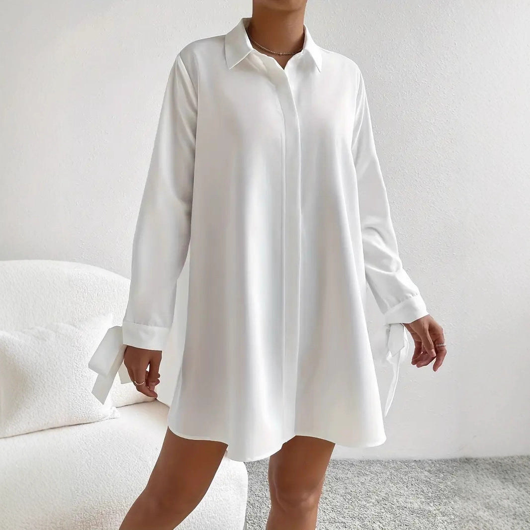 Damen Hemdblusenkleid mit eleganten Bändern an den Ärmeln EB