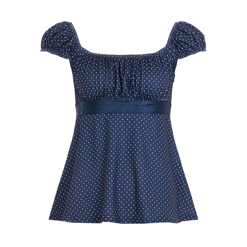 Damen luftiges Polka-Dots Blusenshirt mit schickem Rüschenkragen EB