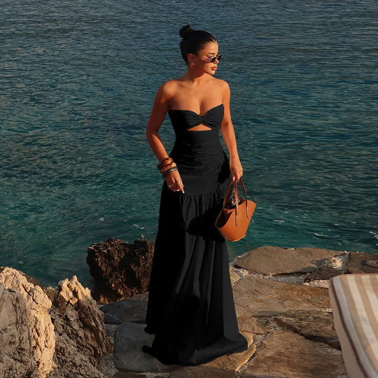 Damen Maxikleid mit gerafftem Oberteil und verspieltem Rock EB